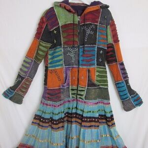 Custom Upcycle Full Length Multicolored Coat Women's Jacket with Hood Size L/XL